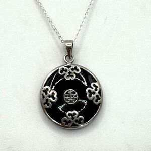 925 Italy Sterling Silver Onyx Donut Circle Necklace Chinese Characters 20”